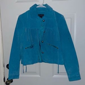 Bagatelle Leather Fringed Jacket Teal Small